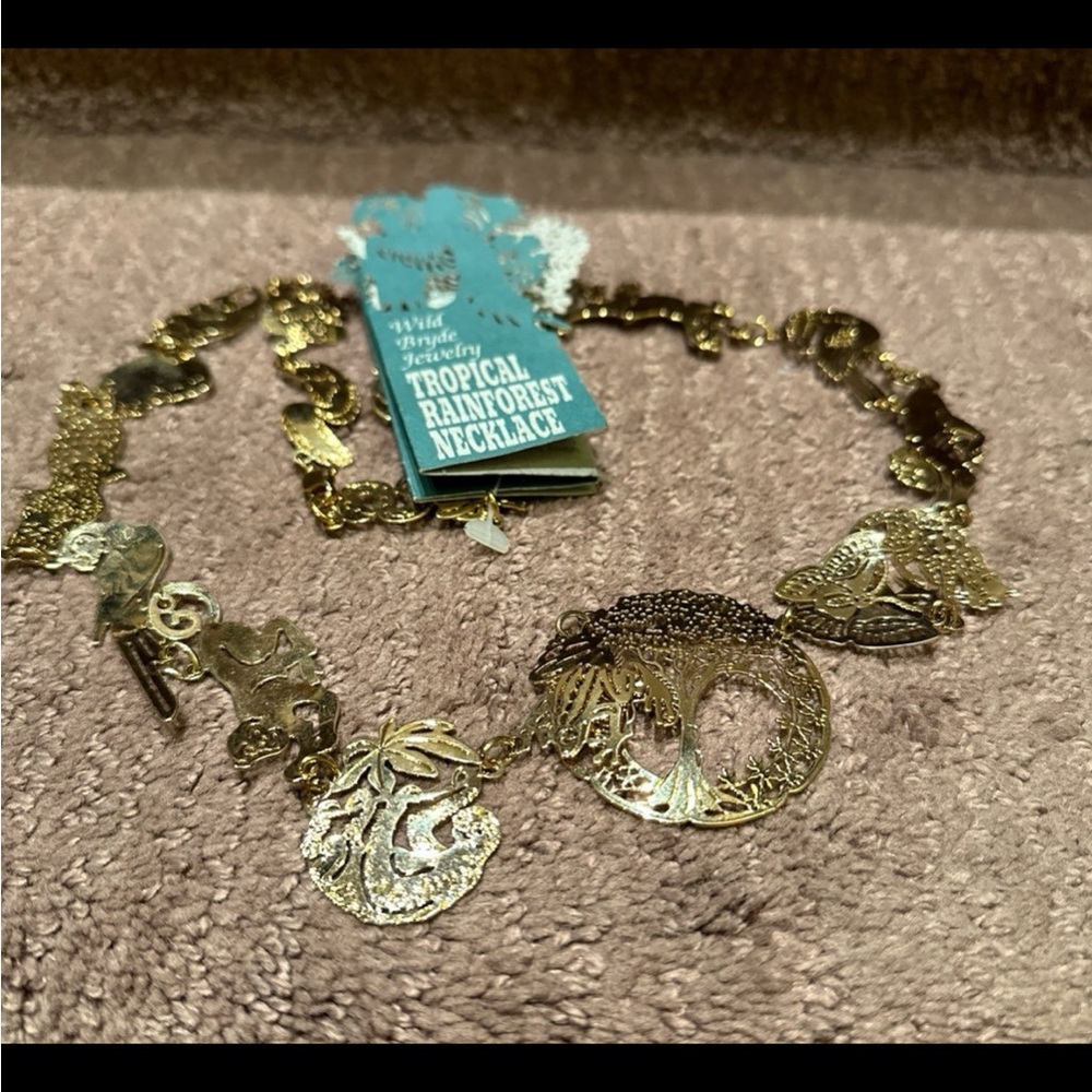Vintage Wild Bryde Tree Of Life Rainforest Animals Bird Necklace Gold Tone 26"
